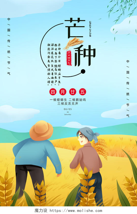 蓝色手绘二十四节气芒种中国传统节气海报